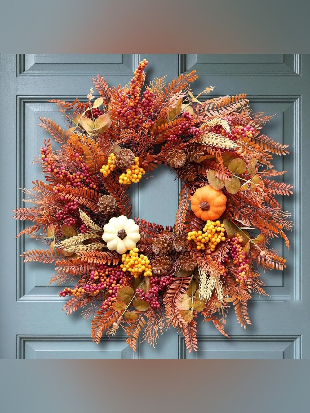 NIB 22" Fall Harvest Pumpkin Berry Front Door Wreath Autumn Decor